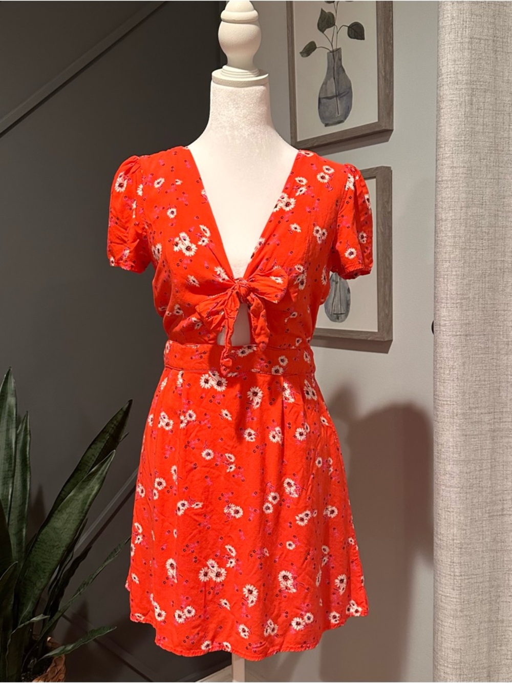 Mi ami Tie-Front Red Floral Mini Dress